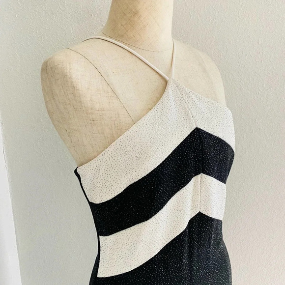 Vintage 90s Cache Halter Sparkle Black & White Formal Dress - Picture 6 of 16